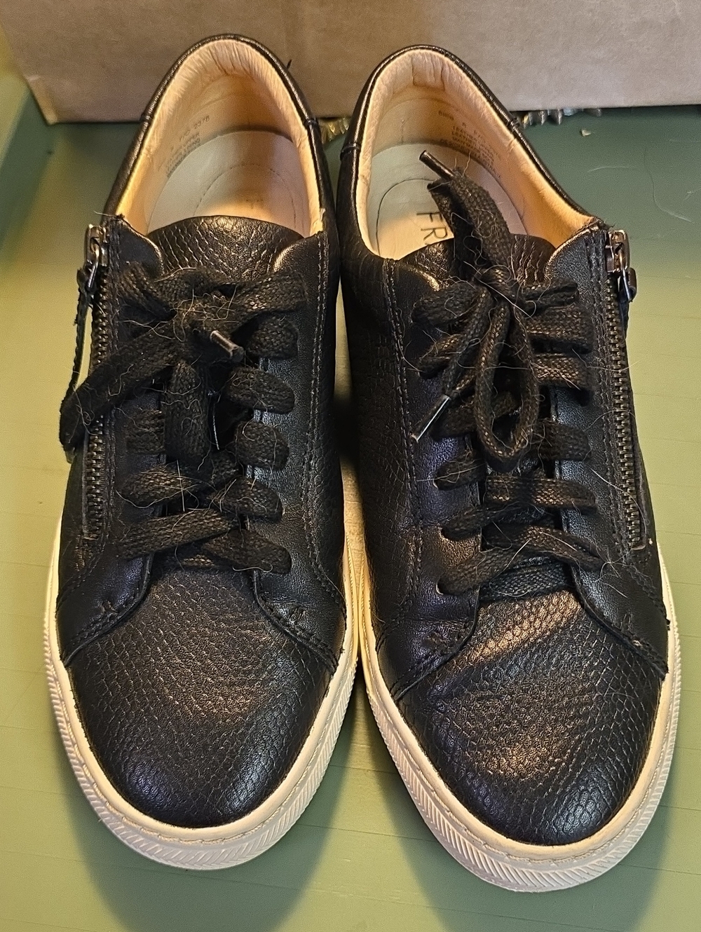 Women's Billie Black Leather, Embossed Lace-Up Women's Sneakers w/Zipper, Sz 8